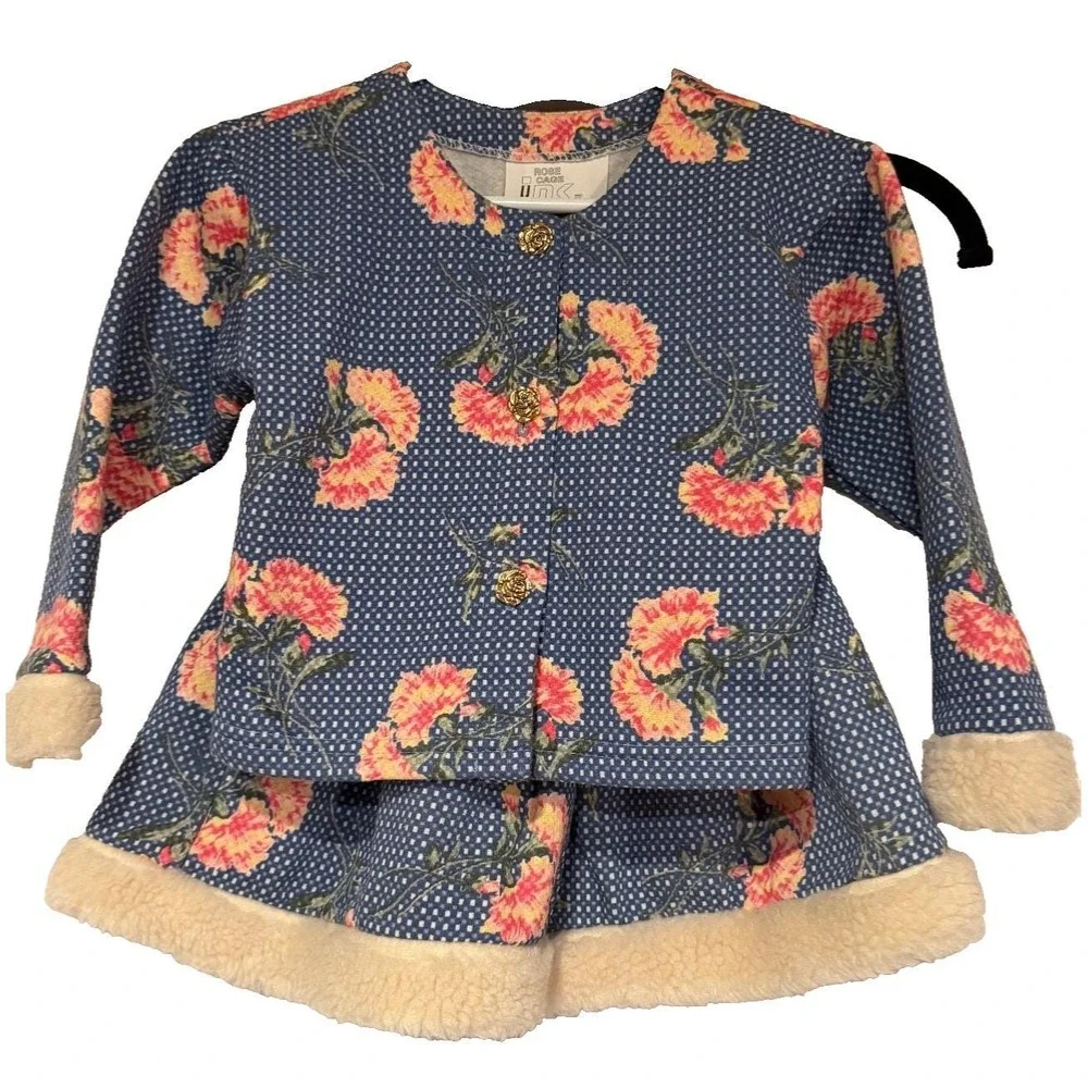 Vtg EUC Rose Cage San Fran toddler floral jacket skirt set‎ Faux Fur USA 2T-4T